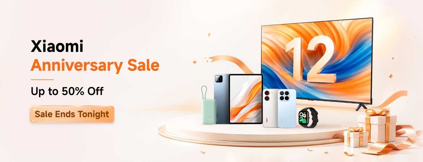 Xiaomi is hosting an Anniversary Sale featuring discounts of up to 50% off. Various products, including a smartphone, tablet, smartwatch, and other accessories, are displayed. A prominent banner indicates that the sale ends tonight.
