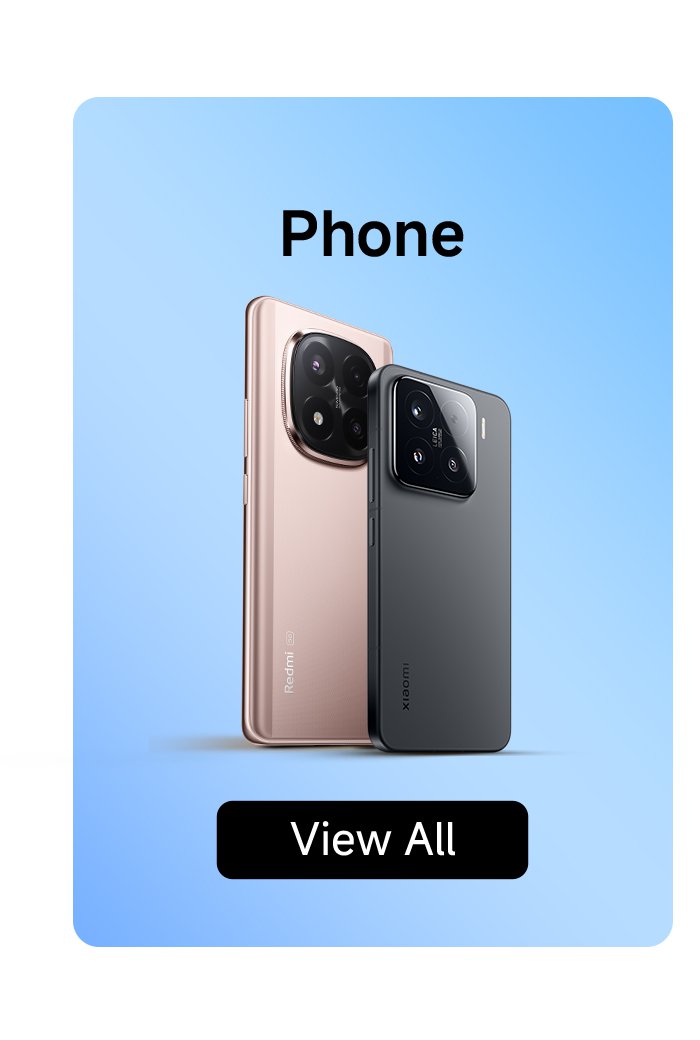 The mobile display includes a gold and a black phone, with a blue background. There is a "View All" button at the bottom.