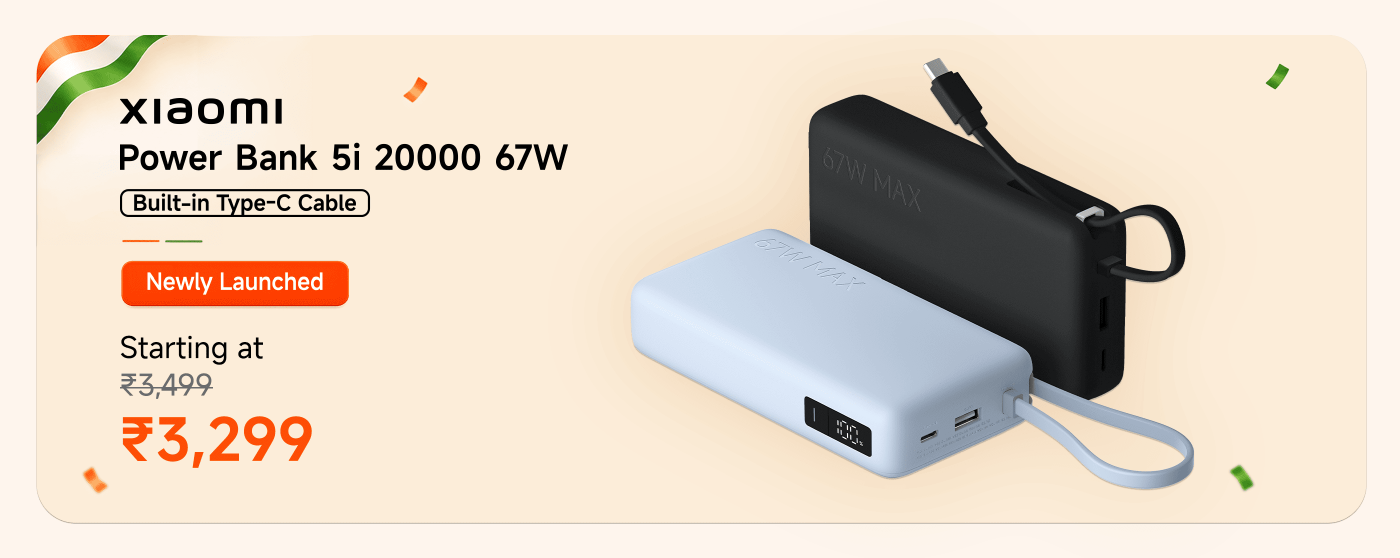 Xiaomi Power Bank 5i with a capacity of 20,000mAh and 67W output. It features a built-in Type-C cable. Newly launched at a starting price of ₹3,299, down from ₹3,499.