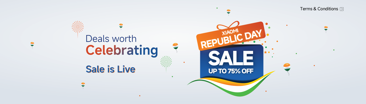 Xiaomi Republic Day sale banner promoting discounts of up to 75% off. It features the text "Deals worth Celebrating" and "Sale is Live," with decorative elements like fireworks and Indian flags.