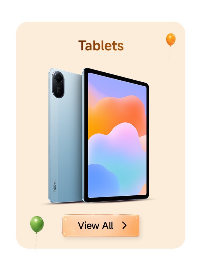 A tablet is displayed against a soft light-colored background, with the word "Tablets" on the left side and a "View All" button on the right side, surrounded by balloons.