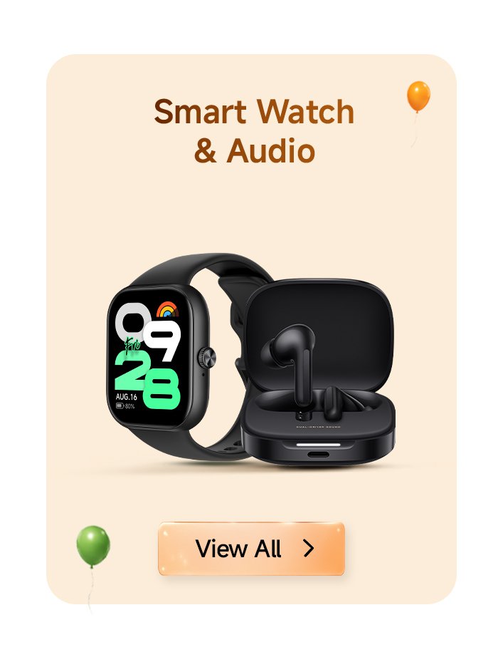 A smart watch and a pair of headphones are displayed against a soft background, with the top text reading "Smart Watch & Audio" and a "View All" button at the bottom.
