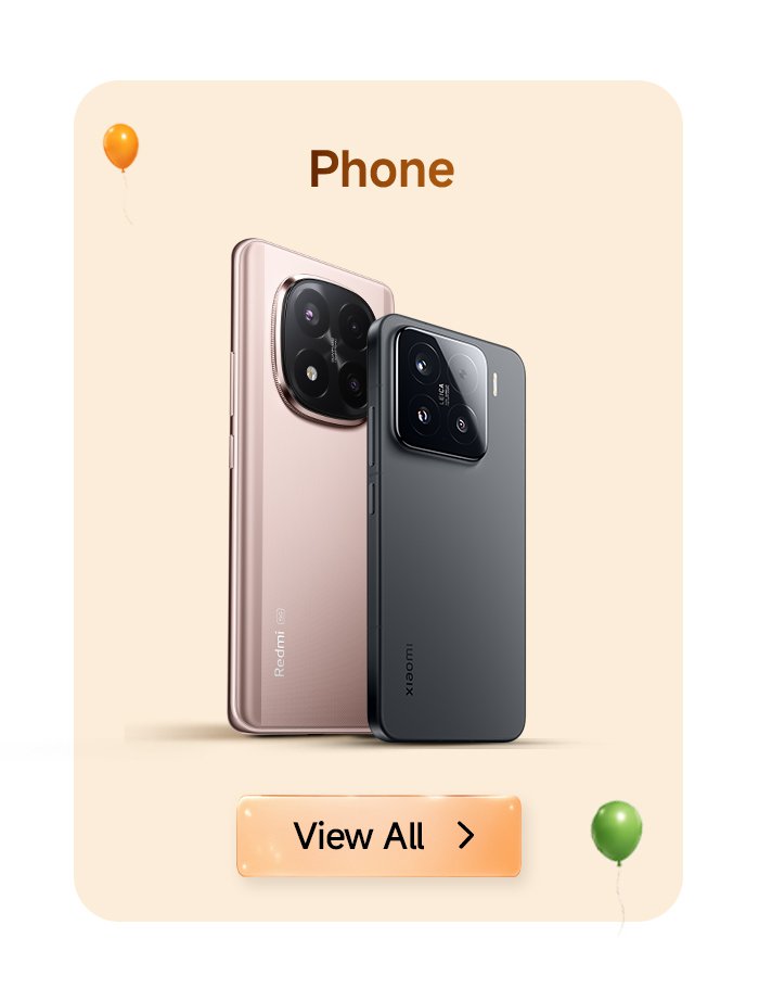 An image showcasing two smartphones: on the left is a pink phone, and on the right is a black phone, set against a soft orange background. The top left corner features the word "Phone," and on the right side, there is a "View All" button. The surroundings are decorated with balloons.
