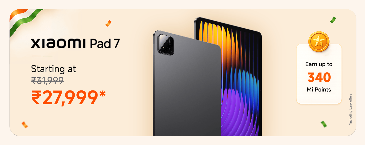 The advertisement for the Xiaomi Pad 7 shows the back and screen of the tablet, priced at ₹27,999, down from the original price of ₹31,999. Users can earn up to 340 Mi points.