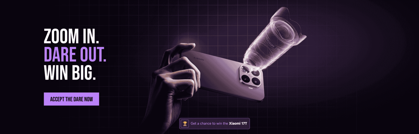 The image features a hand holding a smartphone with a futuristic lens effect emerging from it. Text on the left reads "ZOOM IN. DARE OUT. WIN BIG." with a button below stating "ACCEPT THE DARE NOW," promoting a chance to win a Xiaomi 17T. The background is dark with a grid pattern, enhancing the tech-themed design.
