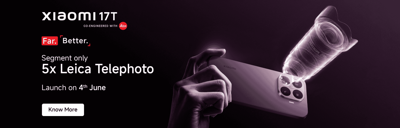 Xiaomi 17T phone promotional image, emphasizing the flagship triple camera in collaboration with Leica, scheduled for release on June 4, with the slogan "Far. Better."