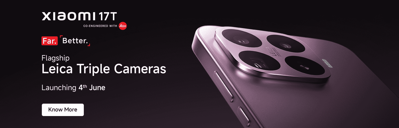 Xiaomi 17T phone promotional image, emphasizing the flagship triple camera in collaboration with Leica, scheduled for release on June 4, with the slogan "Far. Better."