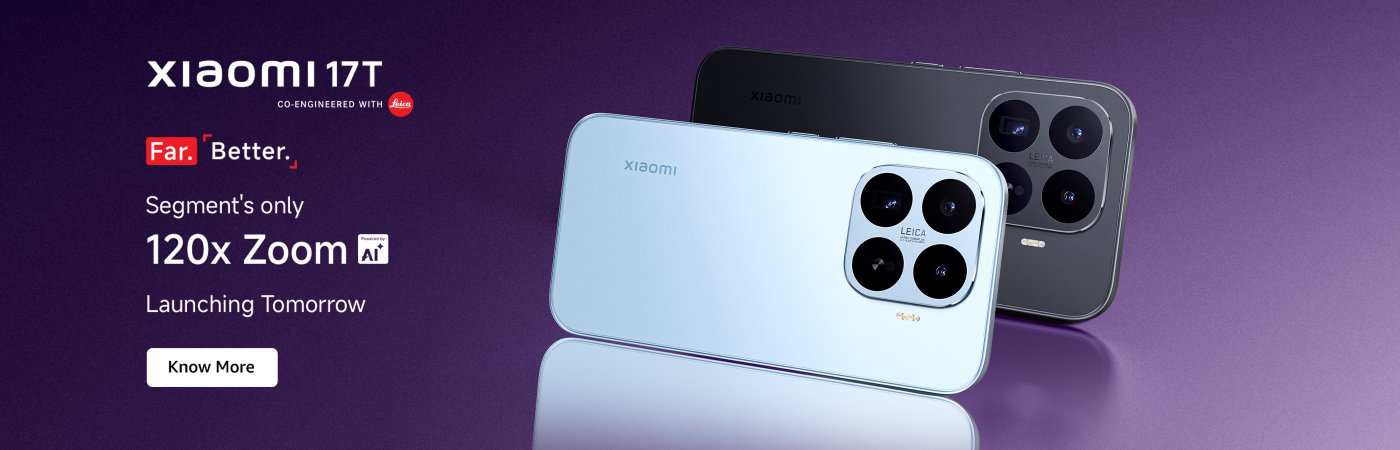 Xiaomi 17T mobile phone showcase, features include 120x zoom and AI technology, background is purple. The advertisement mentions "launching tomorrow" and includes a "learn more" button.