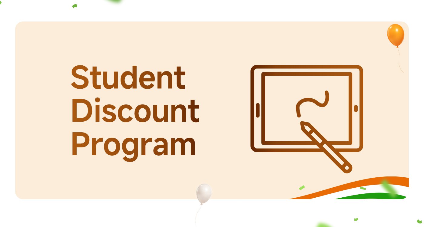 Student Discount Program banner with an icon of a tablet and a call-to-action button labeled "KNOW MORE." The background features balloons and festive elements.