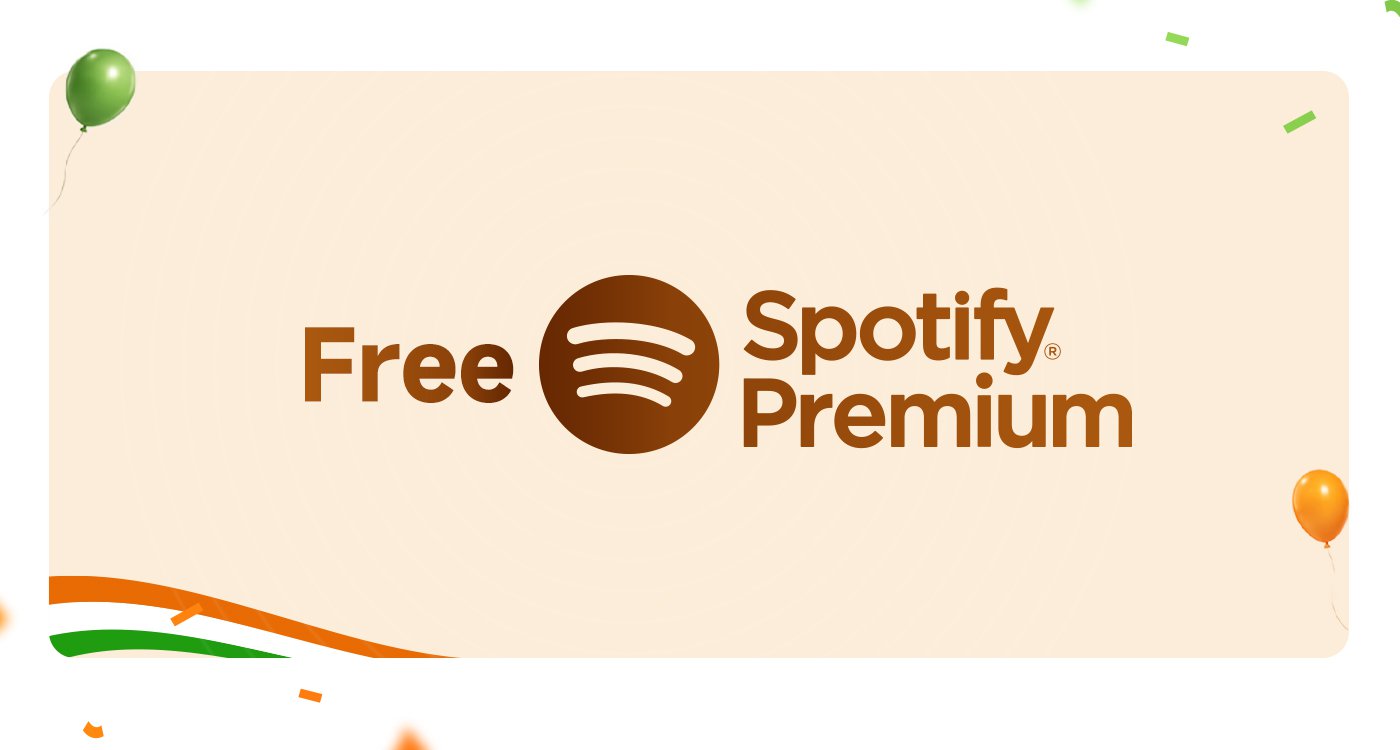 Spotify Premium विज्ञापन जिसमें Spotify का लोगो और "KNOW MORE" बटन है। बैकग्राउंड हल्के रंग का है जिसमें उत्सव के तत्व जैसे गुब्बारे शामिल हैं।