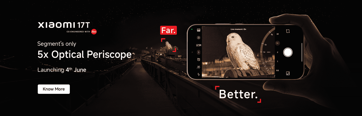 Xiaomi 17T phone promotional image, emphasizing the flagship triple camera in collaboration with Leica, scheduled for release on June 4, with the slogan "Far. Better."