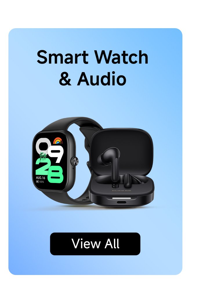 Display of smartwatches and headphones, with a blue background, containing a "View All" button.
