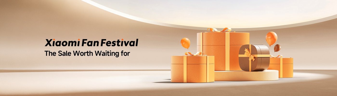 The Xiaomi Fan Festival promotional image features several orange gift boxes and balloons, set against a soft blue sky. The text reads "Xiaomi Fan Festival" and "The Sale Worth Waiting for."