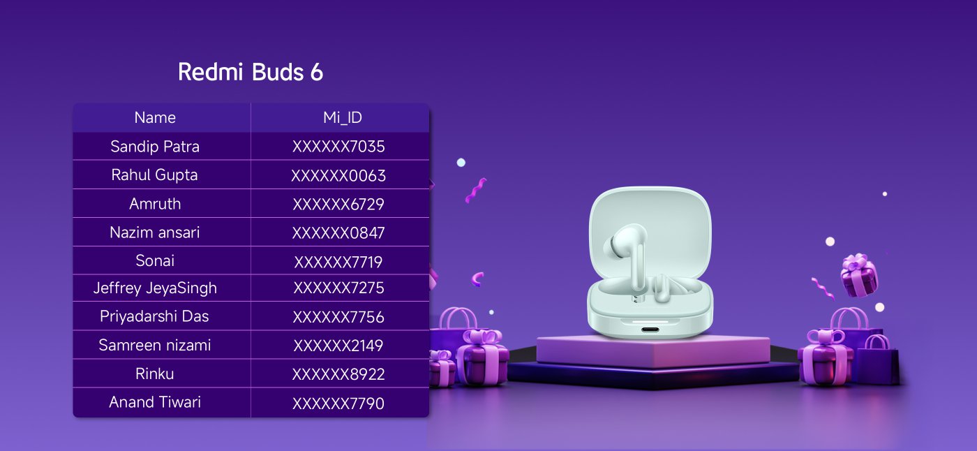 An image showcasing the Redmi Buds 6 headphones, with a purple background, featuring a headphone case and several gift boxes. A table lists the users' names along with their corresponding Mi_IDs.
