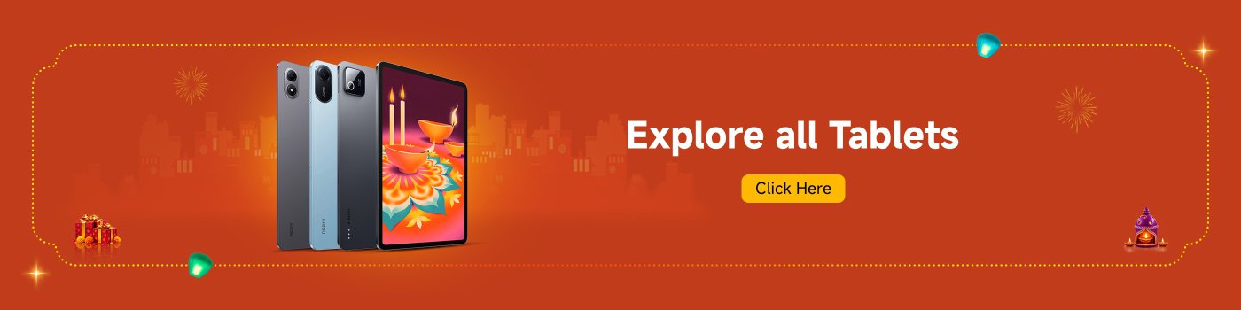 Three tablets are displayed against an orange background, featuring festive decorations like candles and lamps. The text encourages viewers to "Explore All Tablets" with a "Click Here" button. There are also gifts and decorative elements in the corners, enhancing the festive theme.