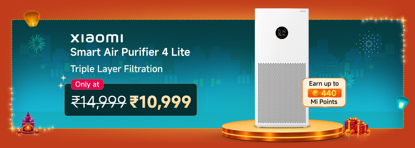 Xiaomi Smart Air Purifier 4 Lite with triple-layer filtration. Original price ₹14,999, now available for ₹10,999. Earn up to 440 Mi Points. Background features festive decorations and a warm color scheme.