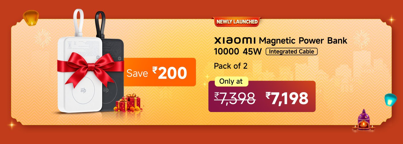 Xiaomi has launched a new magnetic power bank with a capacity of 10,000mAh, supporting 45W fast charging, and includes a two-piece set. Originally priced at ₹7,398, it is now available for just ₹7,198, saving ₹200. The background features festive decorations.