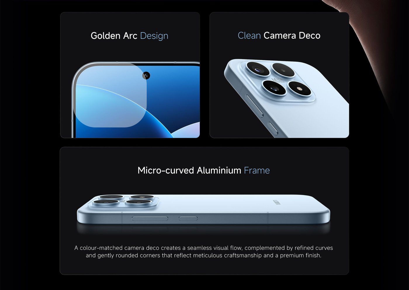 A hand is holding a smartphone with a visually striking purple display. The text highlights the phone's design features, emphasizing its compact size (16cm), weight (191g), thickness (8.06mm), width (71.8mm), and aspect ratio (19.6:9). The overall aesthetic suggests a premium, comfortable user experience.