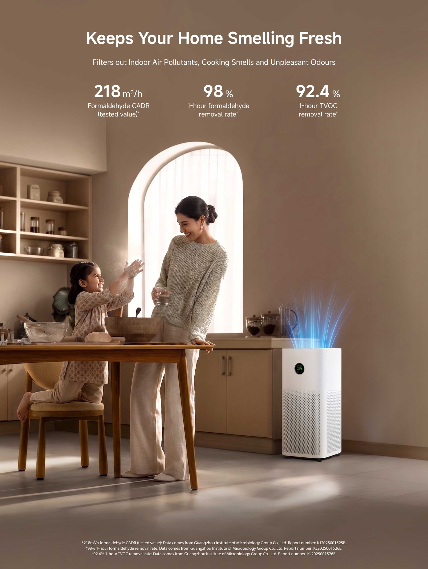 A woman and a child are in a kitchen, engaging in a playful activity while cooking. The scene includes an air purifier next to them, which highlights its effectiveness in filtering indoor air pollutants, with specific metrics displayed for formaldehyde and TVOC removal rates. The overall atmosphere appears warm and inviting.