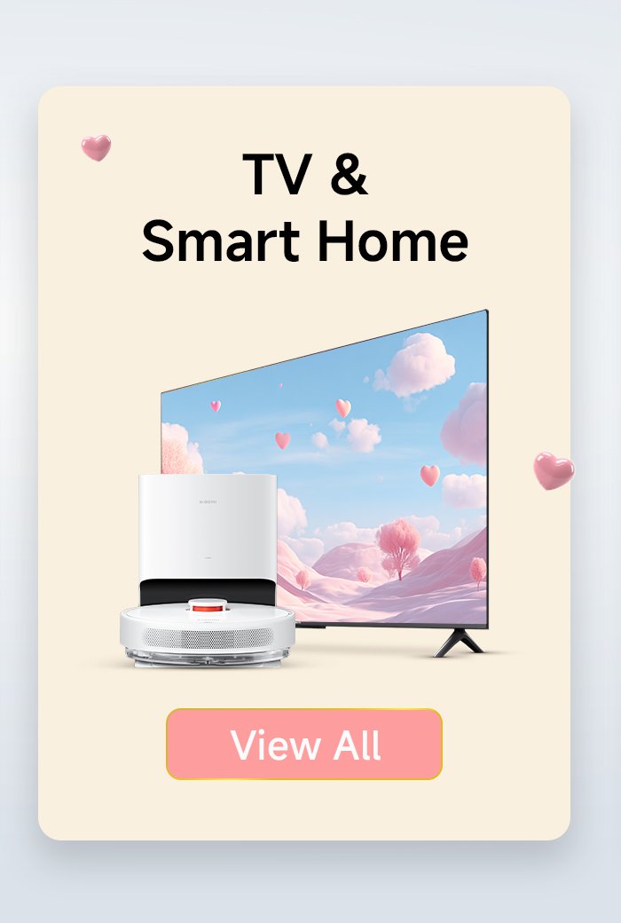 The advertisement showcases television and smart home products, set against a backdrop of soft pink clouds and heart-shaped patterns. There is a "View All" button at the bottom.