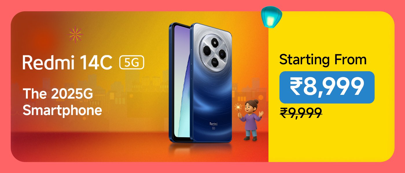Redmi 14C 5G smartphone, starting price ₹8,999 (original price ₹9,999), suitable for 2025G networks. The background colors are vibrant, and a small person is playing nearby.