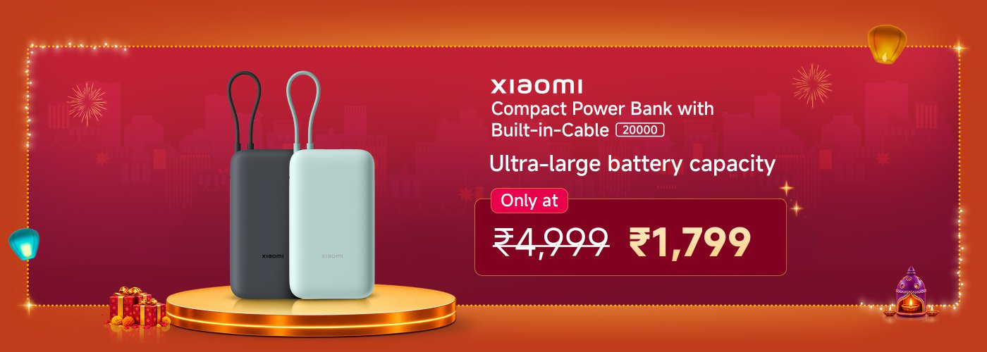 Xiaomi has launched a compact power bank featuring a built-in cable with a battery capacity of 20000mAh. It is priced at ₹1,799, down from the original price of ₹4,999. The background includes festive decorations with lighting and gift box elements.
