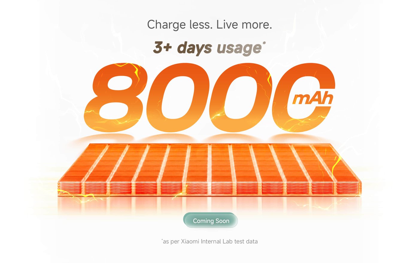 A promotional image highlighting a device with an 8000mAh battery, claiming over 3 days of usage. The slogan "Charge less. Live more." is featured, along with a note that it is "Coming Soon," and a disclaimer about internal lab test data.