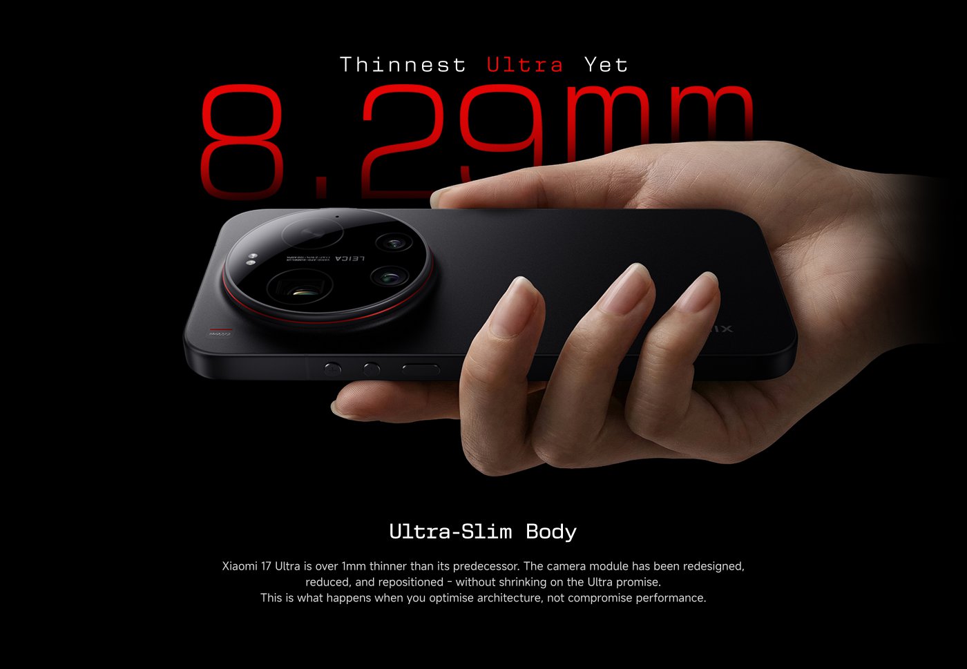 A hand is holding a Xiaomi 17 Ultra smartphone, prominently featuring its camera lens. The background is black with bold red lettering that says "Ultra," and there's a tagline "Rule The night" above the phone.