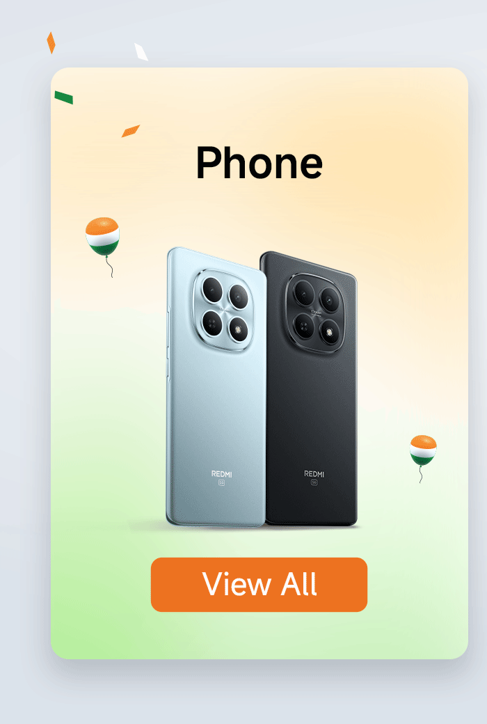 Two mobile phones are displayed side by side, with the left one in light blue and the right one in black. At the bottom, there is a "View All" button, and the background is gradient. There are balloon decorations featuring elements of the Indian flag nearby.