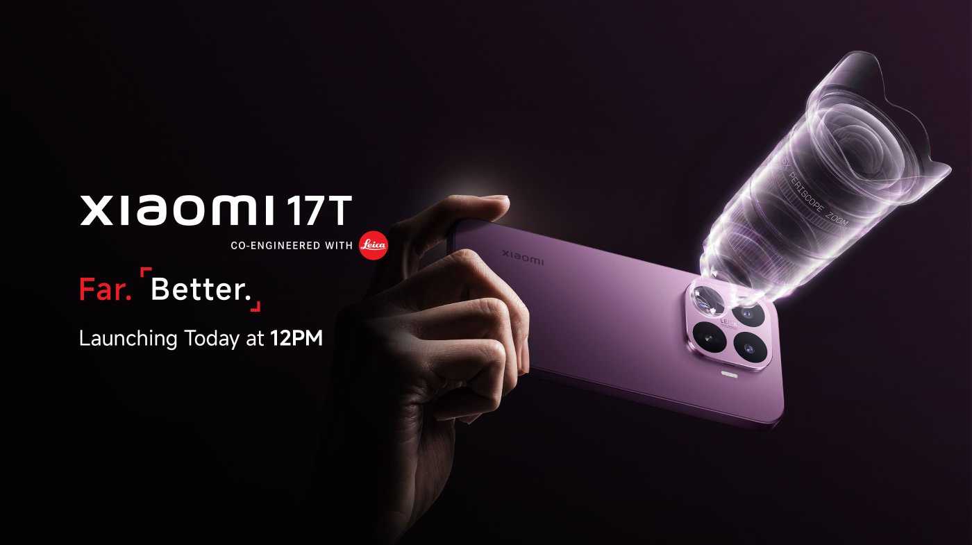 A promotional image for the Xiaomi 17T smartphone, showcasing a hand holding the phone. The design features a purple device with a prominent camera module, including a periscope zoom lens. Text highlights "Far. Better." and announces the launch date as June 4th, alongside the Leica logo, indicating collaboration.