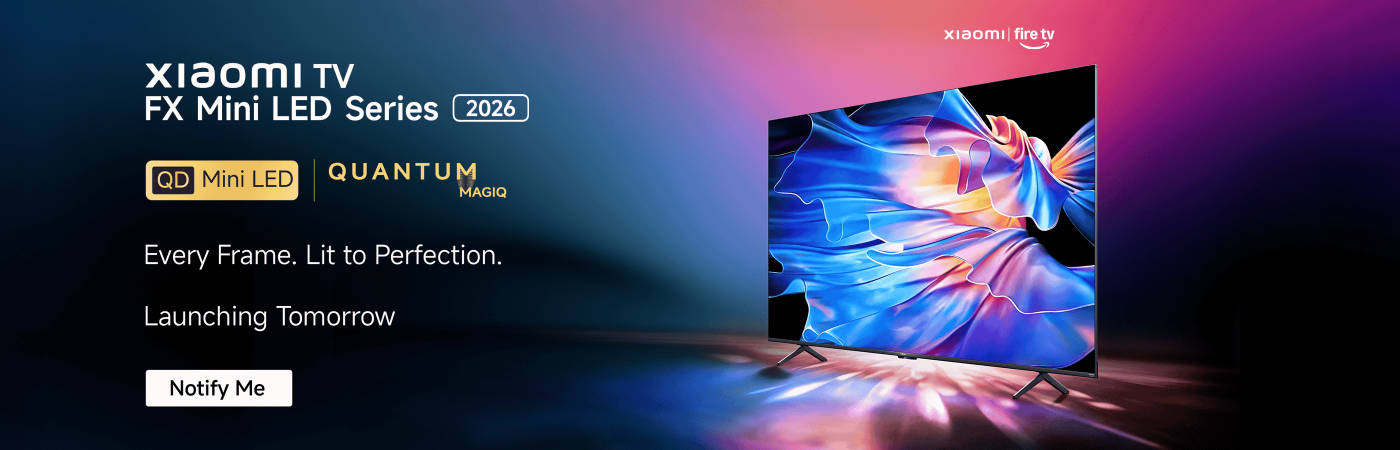 Xiaomi TV FX Mini LED Series 2026 advertisement, featuring the Fire TV logo. The tagline is "Every frame, perfectly presented," and it mentions that it will be released on June 4th. The visuals showcase vibrant television images with a flowing watercolor effect in the background.