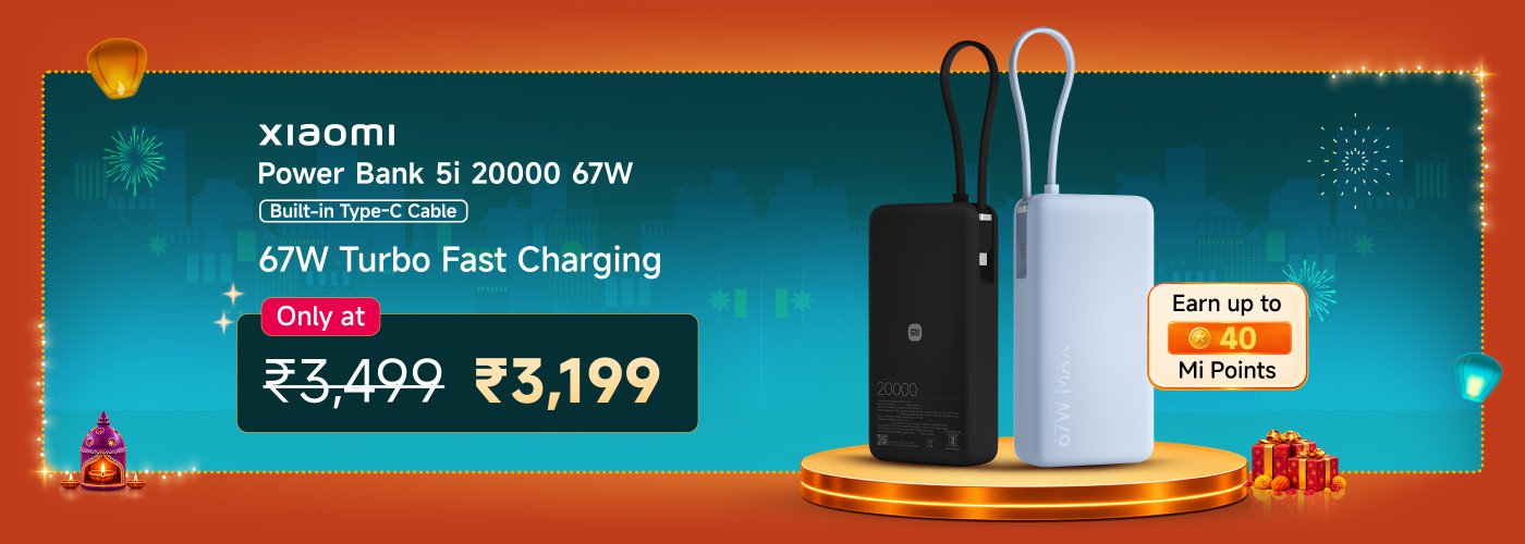 Xiaomi Power Bank 5i with 20000mAh capacity and 67W Turbo Fast Charging. Available for ₹3,199, reduced from ₹3,499. Features a built-in Type-C cable and the opportunity to earn up to 40 Mi Points.