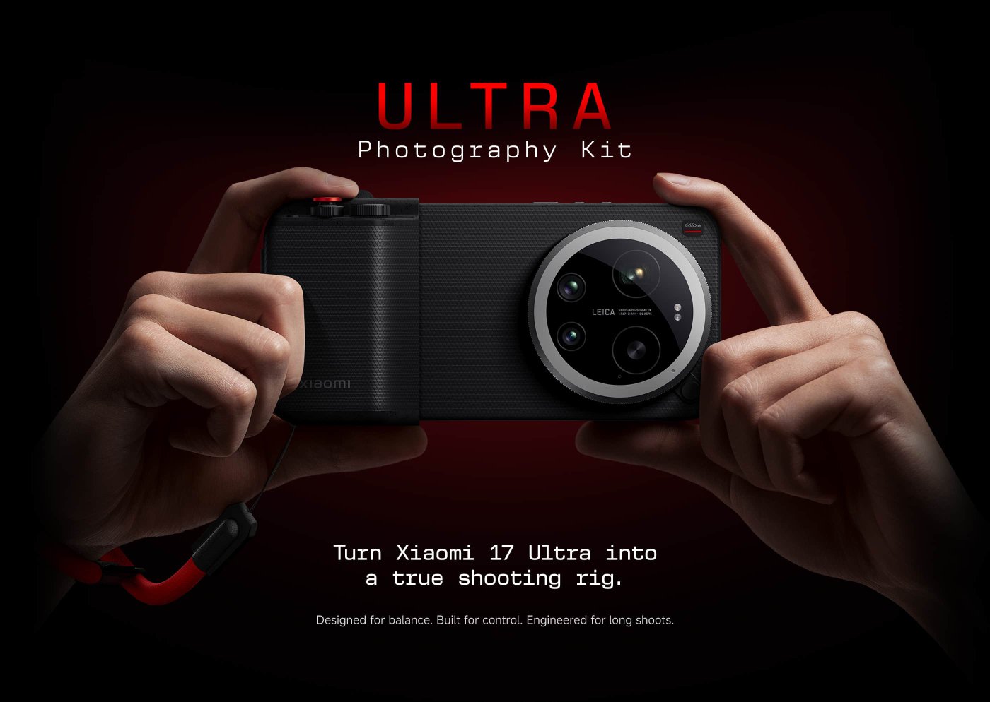 A hand is holding a Xiaomi 17 Ultra smartphone, prominently featuring its camera lens. The background is black with bold red lettering that says "Ultra," and there's a tagline "Rule The night" above the phone.