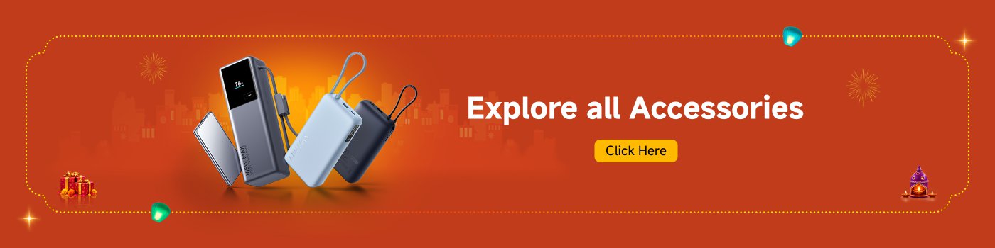 Promotional graphic featuring various electronic accessories, including air purifiers and a power bank, set against an orange background with festive decorations. Text encourages viewers to "Explore All Accessories" and includes a clickable button labeled "Click Here."