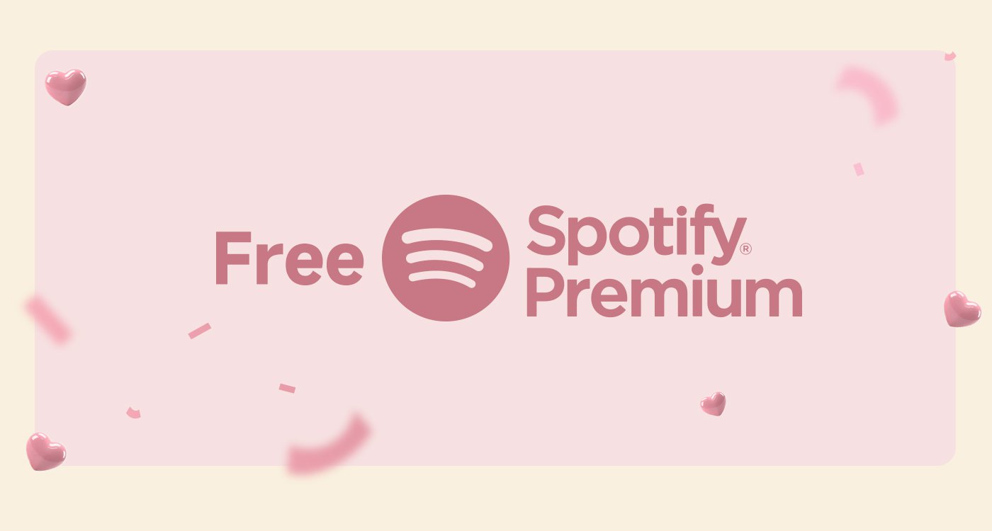 The image displays the text "Free Spotify Premium" against a pink background with small heart patterns, creating a warm atmosphere.