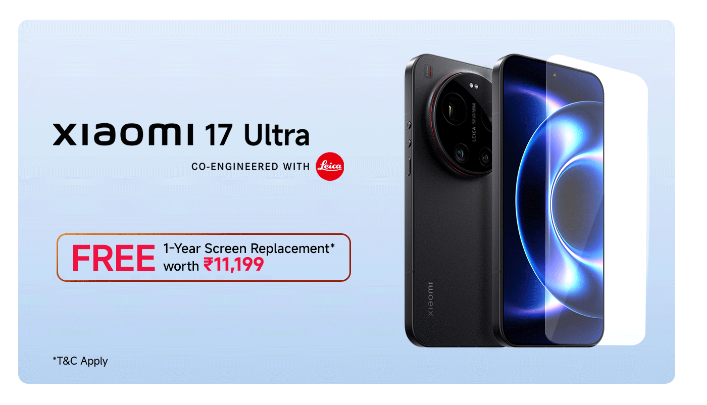 Xiaomi 17 Ultra phone showcase, featuring the Leica collaboration logo. Offers a free 1-year screen replacement service worth ₹11,199, subject to terms and conditions. The phone's design is modern, showcasing a black casing and front screen.