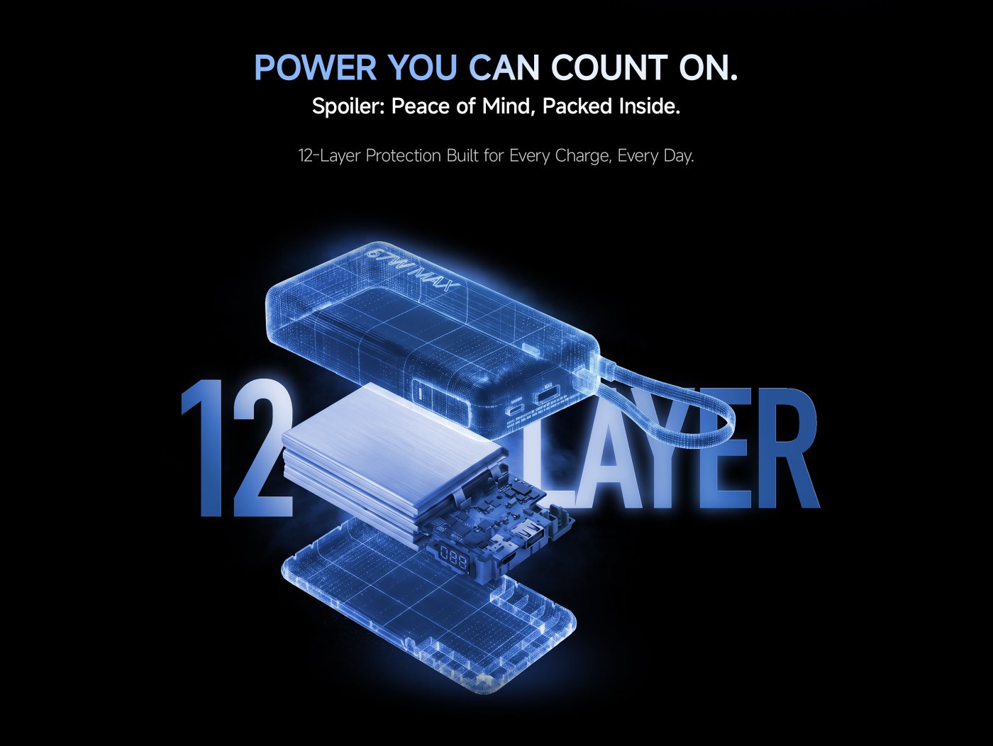 A blue power bank, marked with "67W" and "20000", with a black background. The text includes "NEVER MISS A MOMENT" and "67W Turbo Charging That Keeps Pace with Your Day".