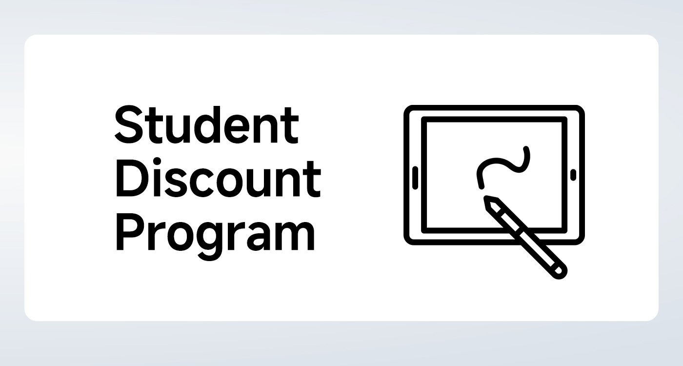 Promotional graphic for the student discount program, with a pink background, featuring the text "Student Discount Program" and an icon of a drawing board and pen. The overall design is lively and suitable for the student demographic.