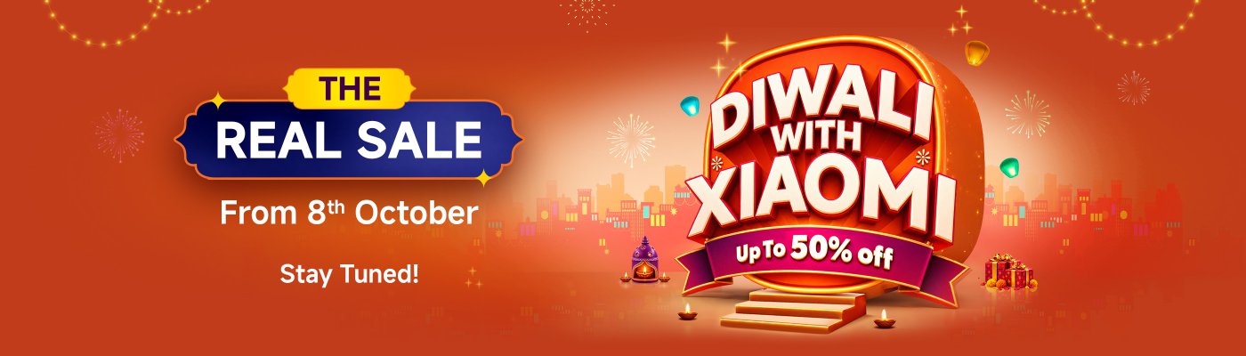 Promotional poster with the content "The Real Xiaomi Promotion" starting from October 8, offering discounts of up to 50%, with a background of festive decorations and fireworks.