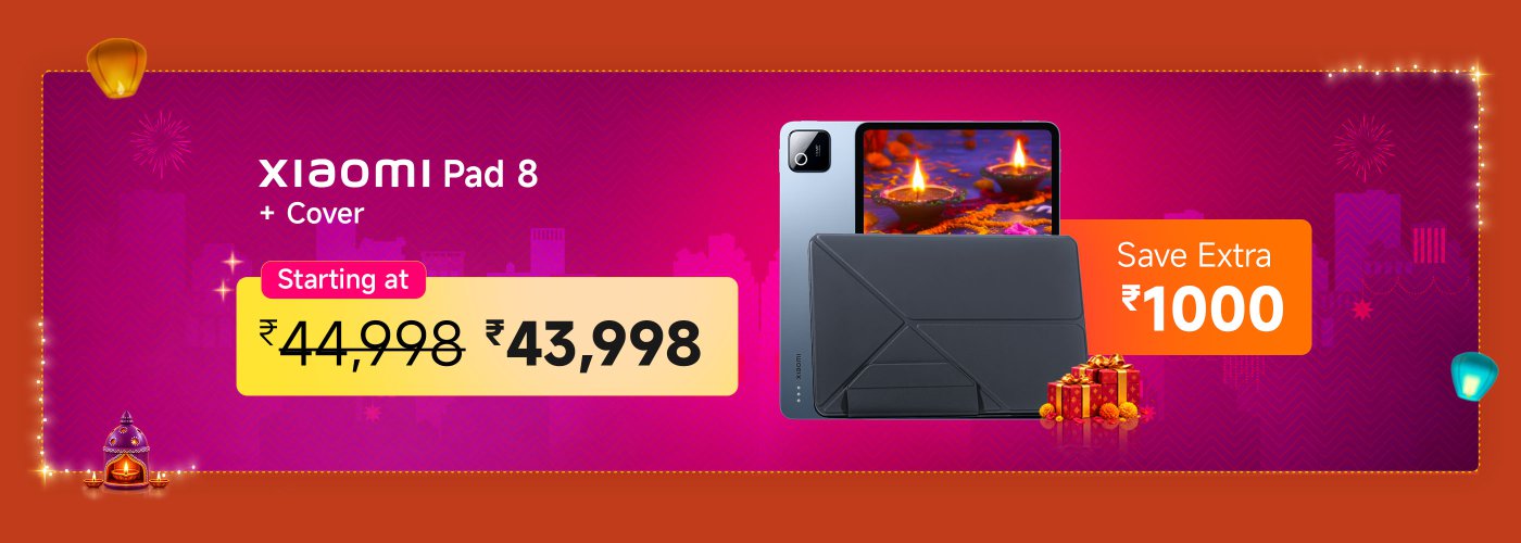 Promotional advertisement for Xiaomi Pad 8 with a protective case, showing the price reduced from ₹44,998 to ₹43,998, and an additional saving of ₹1000. The background is decorated with lanterns and festive elements.