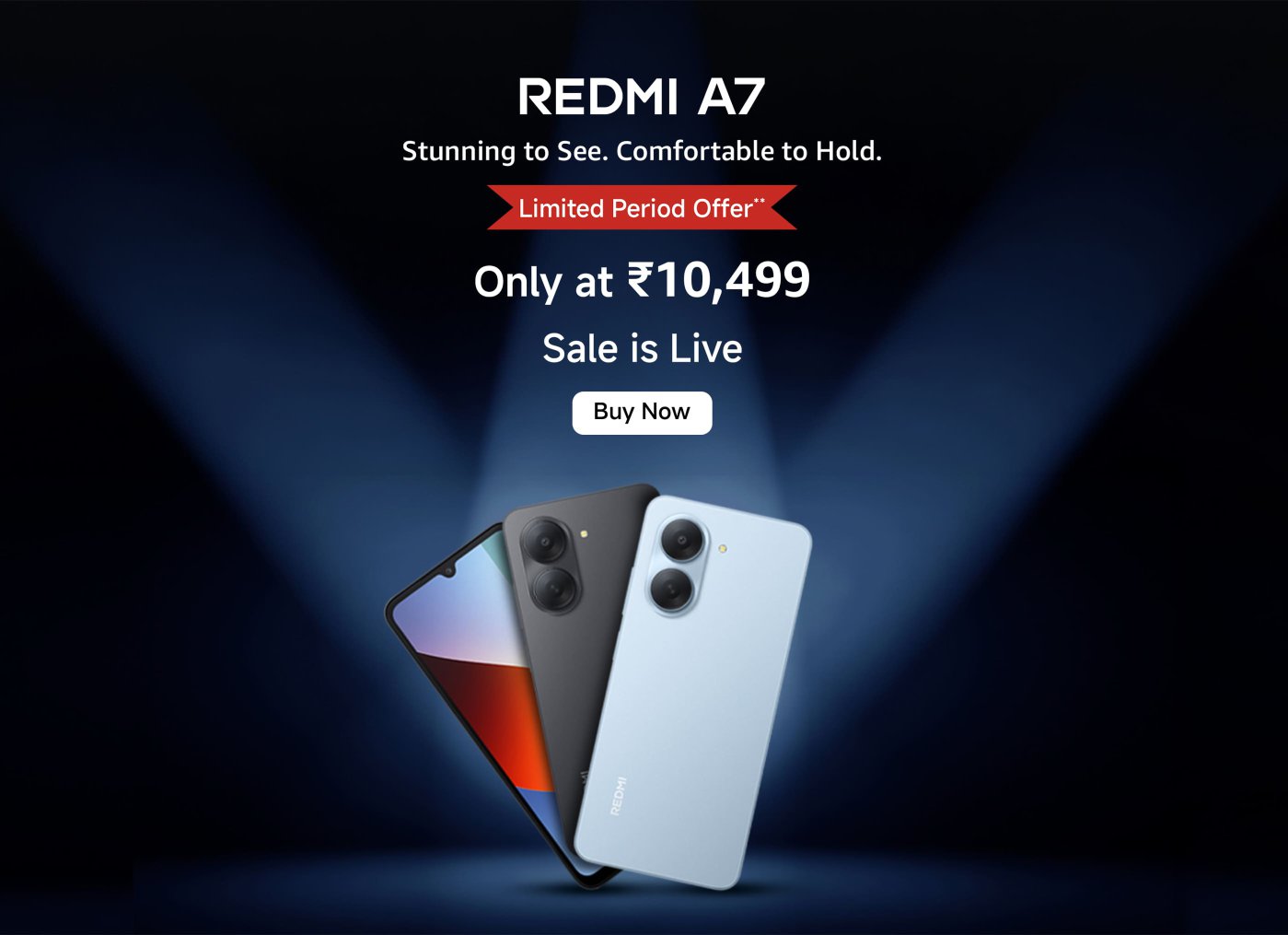 Advertising a smartphone named Redmi A7, with the slogan "Stress-free smartphone," showcasing two colors: black and blue. The price starts from ₹10,499, sales begin today, and a "Notify Me" button is available.