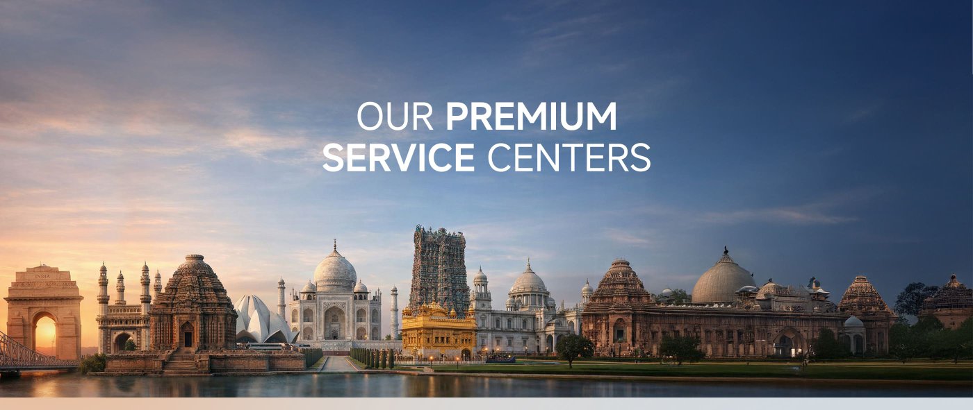 Showcased multiple famous buildings, with the backdrop of a sunset sky, the text prominently highlights "Our Premium Service Center."