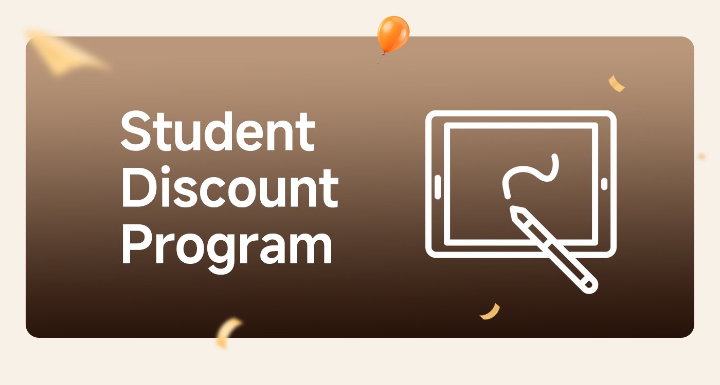 Student Discount Program, featuring an illustration of a tablet and stylus, with festive confetti and a balloon in the background.
