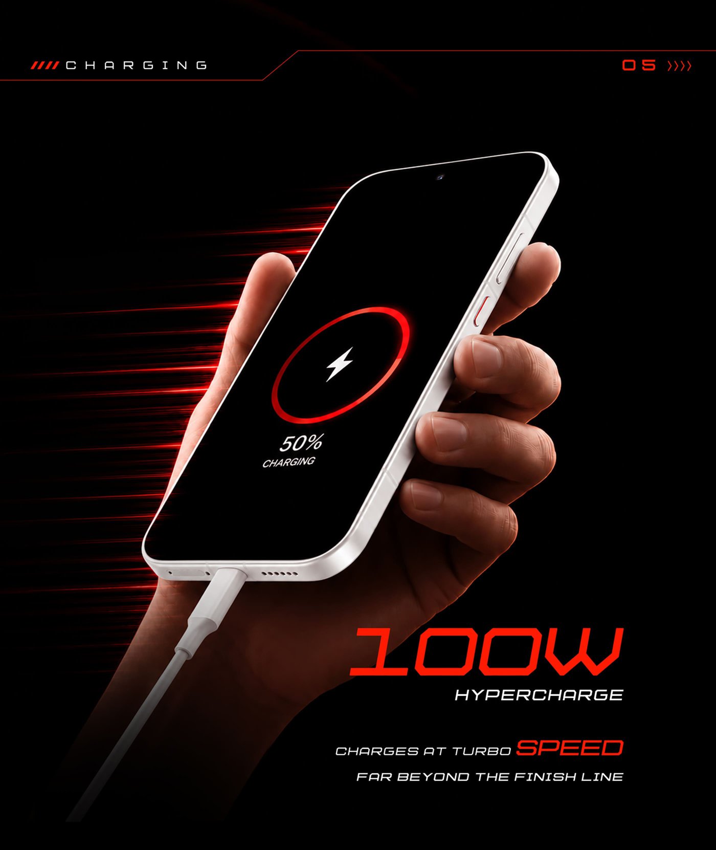 A hand is holding a smartphone displaying a charging screen with a 50% charge indicator. The design emphasizes "100W HYPERCHARGE" with text stating it charges at "TURBO SPEED" and "FAR BEYOND THE FINISH LINE," set against a sleek black background.