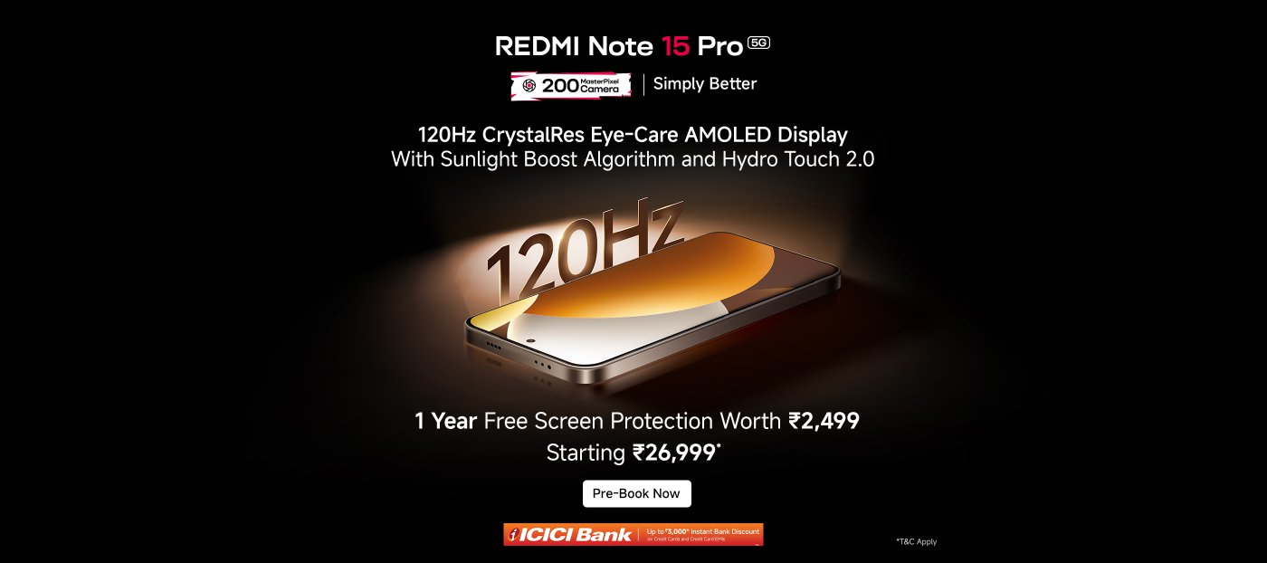 The image is an advertisement for the Redmi Note 15 Pro+ 5G smartphone. It highlights features such as a 200 MP camera, durable Corning Gorilla Glass Victus®, and IP66/68/69K water and dust resistance. Prebooking benefits worth ₹4,999 are mentioned, with a starting price of ₹34,999. Additional offers include a one-year screen replacement and a REDMI Watch Move. The ad encourages pre-booking and features an ICICI Bank discount offer.