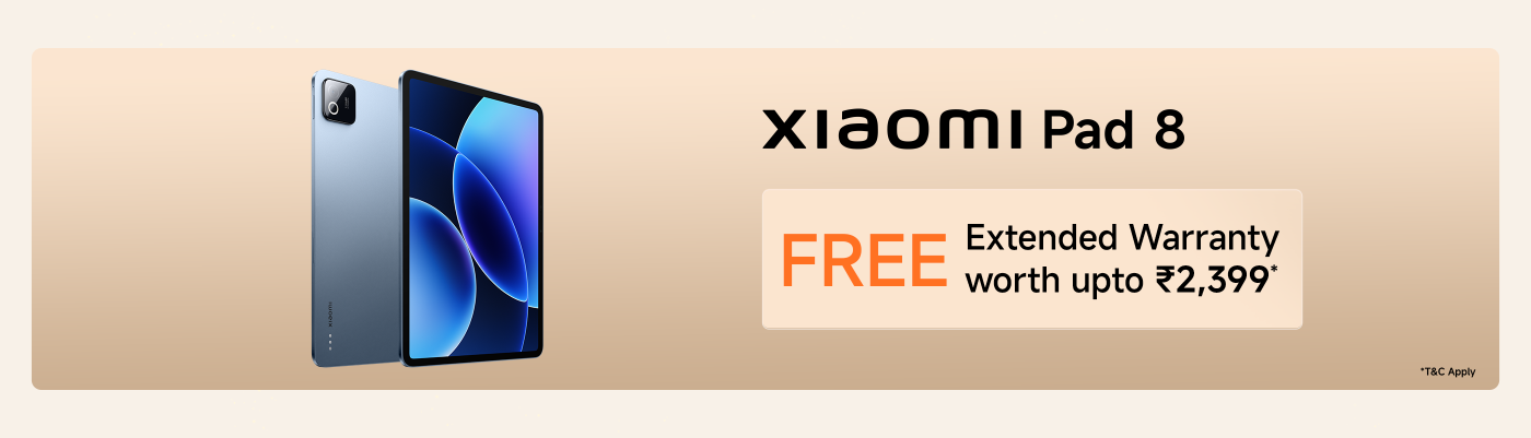 Xiaomi Pad 8 displayed with a promotional offer for a free extended warranty valued at ₹2,399.