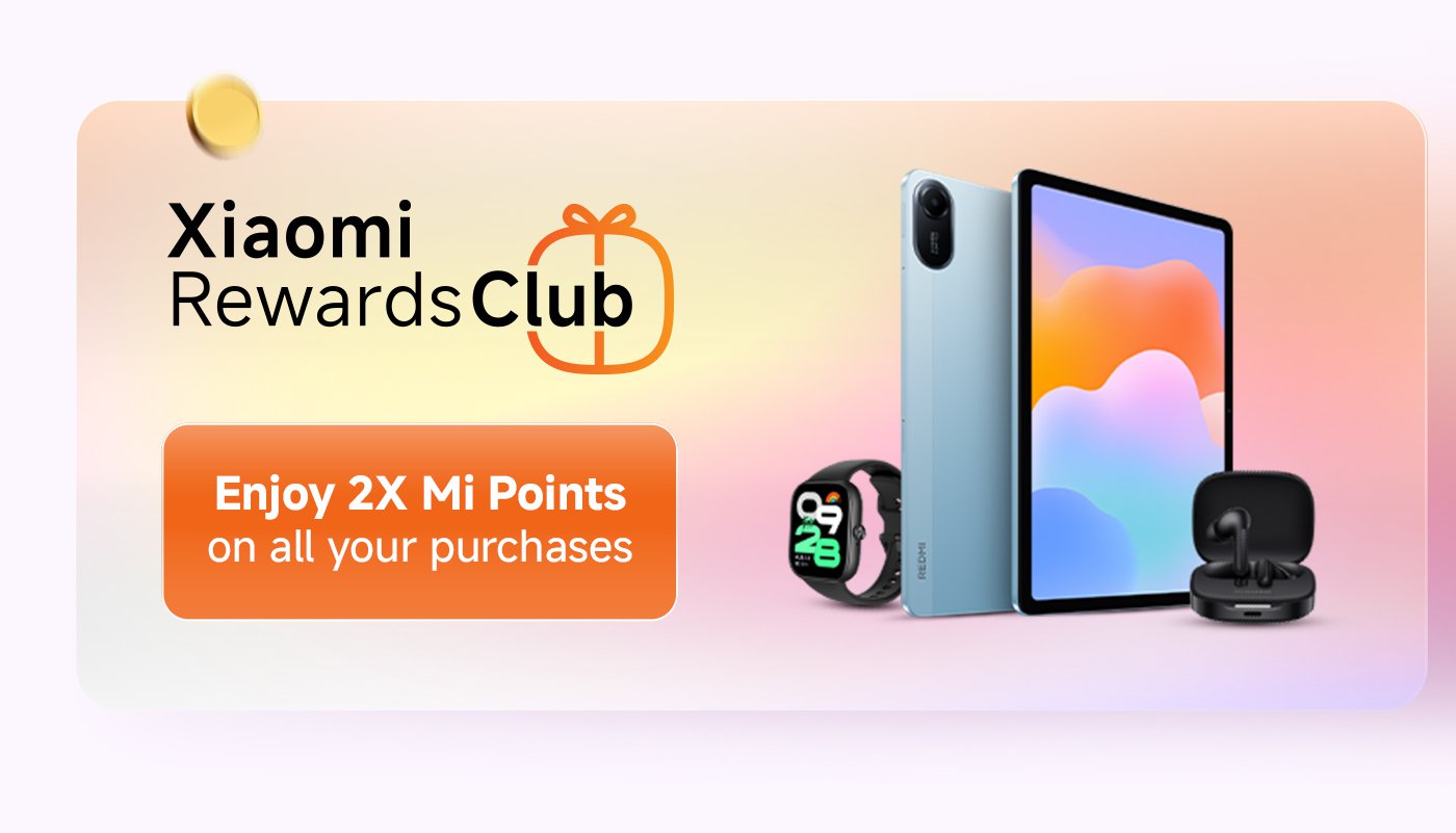 Xiaomi Rewards Club, enjoy double Mi points on all purchases. Showcased products include smartphones, tablets, headphones, and smartwatches.