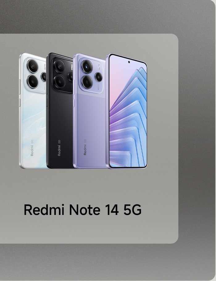 The image showcases three models of the Redmi Note 14 5G smartphone, which are available in white, black, and purple. The screen of the phones displays a gradient pattern, with the text "Redmi Note 14 5G" at the bottom.