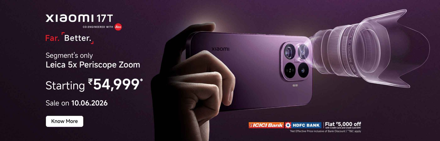 Xiaomi 17T phone showcase, emphasizing collaboration with Leica, equipped with a perspective camera lens effect. The promotional slogan is "Far. Better." and includes buttons for "Join the Live Stream Now" and "Watch Now." The overall background is deep purple.
