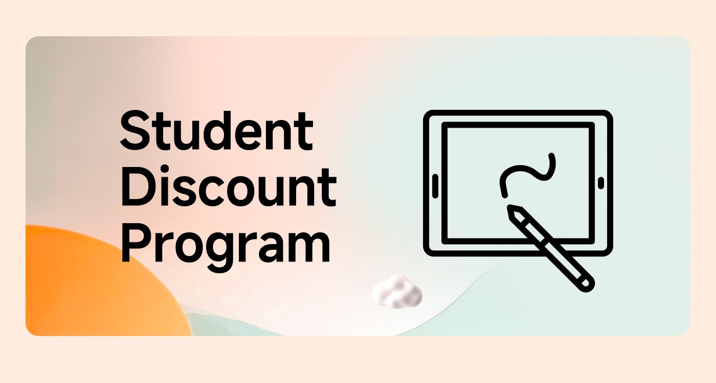 Student discount program, the icon shows a tablet with a stylus. The background colors are soft, featuring light gradients and simple graphic elements.